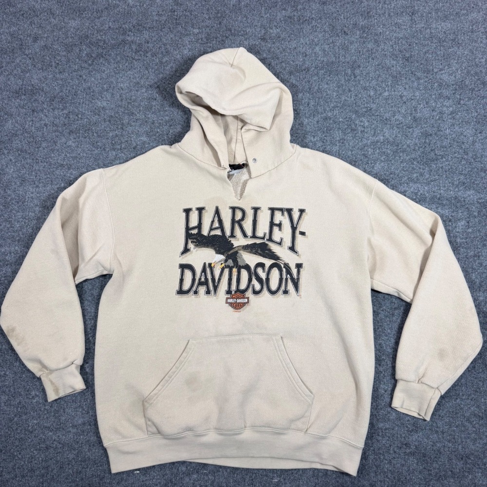 Harley Davidson Eagle Graphic Distressed Hoodie Womens L Tan Cotton Blend GUC
